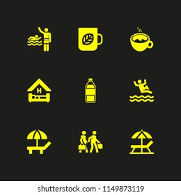 9 relax icons in vector set. bed, tea, holidays and beach illustration for web and graphic design