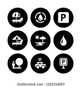 9 relax icons in vector set. driverless car, beach, droplet of water and hammock illustration for web and graphic design