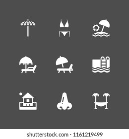 9 relax icons in vector set. sunbed, bikini, swimming pool and sun umbrella illustration for web and graphic design
