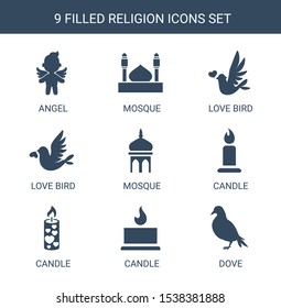 9 religion icons. Trendy religion icons white background. Included filled icons such as angel, mosque, love bird, candle, dove. religion icon for web and mobile.