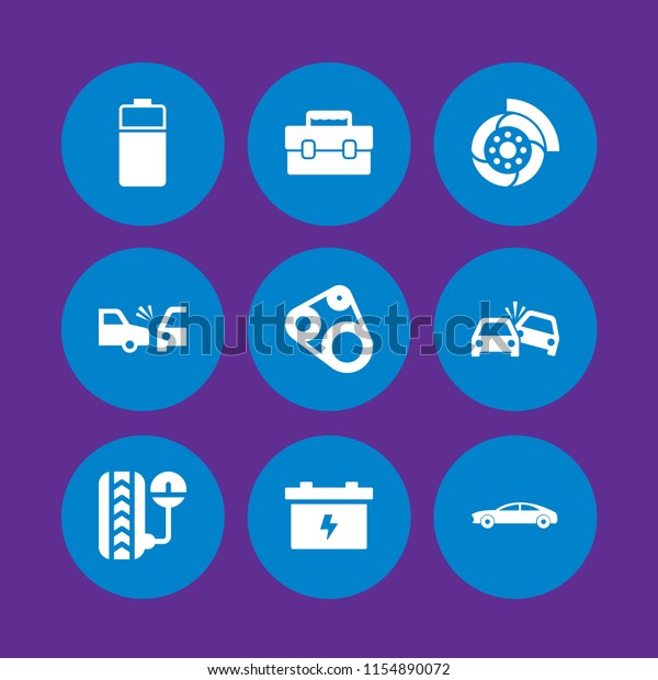 9 repair icons in\
vector set. crash, battery, sportcar and tool box illustration for\
web and graphic design