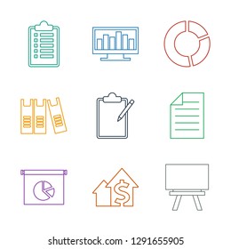 9 report icons. Trendy report icons white background. Included line icons such as board, dolar growth, pie chart, paper, clipboard, binder, chart on display. report icon for web and mobile.