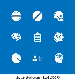 9 report icons in vector set. list, medical notes symbol of a list paper on a clipboard, brain and medicine illustration for web and graphic design
