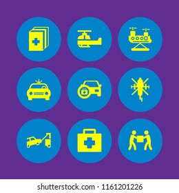 9 rescue icons in vector set. help, red cross, tow and medical kit illustration for web and graphic design