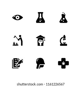 9 research icons in vector set. marijuana, marijuana plantation, medicine and flask illustration for web and graphic design