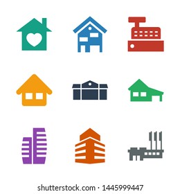 9 residential icons. Trendy residential icons white background. Included filled icons such as building, house, home, home with heart. residential icon for web and mobile.