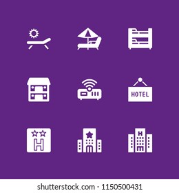 9 rest icons in vector set. sunbed, hostel, hotel and hammock illustration for web and graphic design