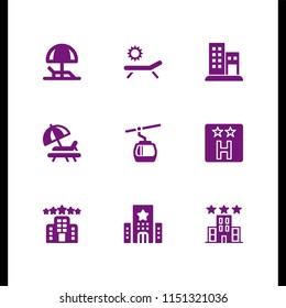 9 rest icons in vector set. hammock, cabin, sunbed and hotel illustration for web and graphic design