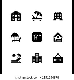 9 rest icons in vector set. hostel, hotel, bed and sunbed illustration for web and graphic design