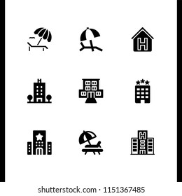 9 rest icons in vector set. hostel, sunbed, hotel and hammock illustration for web and graphic design