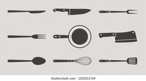 9 Restaurant and Kitchen elements icons. Butcher knives, grill fork and spatula, spoon, fork and knife, meat knife, cleaver, chef, bbq fork, frying pan, whisk. Vector Illustration