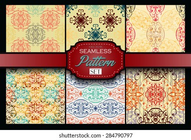9 Retro different vector seamless patterns. Endless texture can be used for wallpaper, pattern fills, web page background, surface textures. Set of vintage color geometric ornaments.