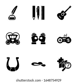 9 retro filled icons set isolated on white background. Icons set with Inkwell, Drawing tools, Guitar playing, Brougham, Handmade, joystick, horseshoe, woman hat, quest icons.