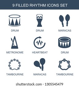 9 rhythm icons. Trendy rhythm icons white background. Included filled icons such as drum, maracas, metronome, heartbeat, tambourine. rhythm icon for web and mobile.