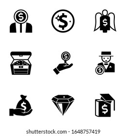 9 iconos ricos rellenos establecidos aislados en fondo blanco. Iconos con Emprendedores, Ingreso Neto, Ángel inversionista, tesoro, Inversionista, rico, Depósito, diamante, íconos de educación empresarial.
