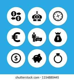 9 rich icons in vector set. money, ring with precious stone, roulette wheel in casino and euro illustration for web and graphic design