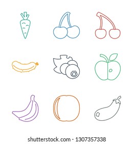 9 ripe icons. Trendy ripe icons white background. Included line icons such as eggplant, peach, banana, apple, currant, cucumber, Cherry, cherry. ripe icon for web and mobile.