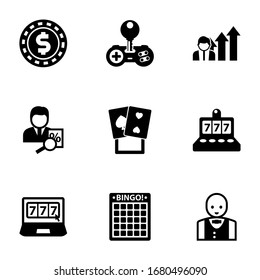 9 risk filled icons set isolated on white background. Icons set with casino Chip, Cheat, Business opportunity, tax consultant, poker, slot machine, online casino, Bingo icons.