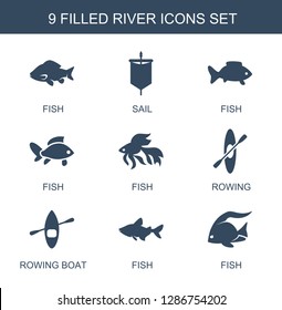 9 river icons. Trendy river icons white background. Included filled icons such as fish, sail, rowing, rowing boat. river icon for web and mobile.