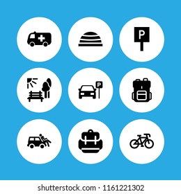 9 road icons in vector set. sports and competition, backpack, trip and bicycle illustration for web and graphic design