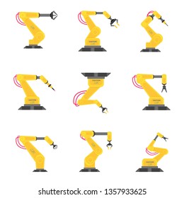 9 Robotic arm flat style design vector illustration set icons sign isolated on white background. Robot arms or hands. Industrial robot manipulator. Modern smart industry 4.0 technology manufacture. 