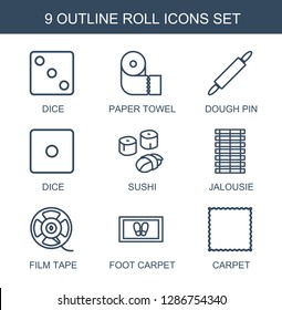 9 roll icons. Trendy roll icons white background. Included outline icons such as Dice, paper towel, dough pin, sushi, jalousie, film tape, foot carpet. roll icon for web and mobile.