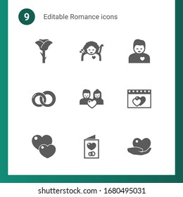 9 romance filled icons set isolated on . Icons set with rose, cupid angel, girlfriend, rings, couple, dating, love, Invitation, caring icons.