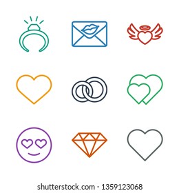9 romance icons. Trendy romance icons white background. Included outline icons such as heart, gem, emot in love, hearts, engagement rings, heart angel wings. romance icon for web and mobile.