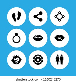 9 romance icons in vector set. kiss, diamond token, two feet and flirt illustration for web and graphic design