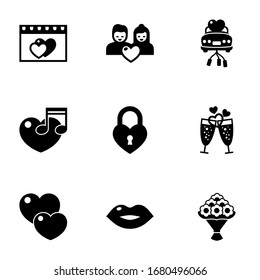 9 iconos románticos puestos aislados en fondo blanco. Iconos con citas, pareja, camión recién casado, música, candado de corazón, champán, amor, beso, íconos de ramo.