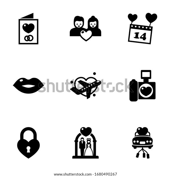 9\
romantic filled icons set isolated on white background. Icons set\
with Invitation, couple, Valentines Day, kiss, Honeymoon, wedding\
photography, heart lock, wedding ceremony\
icons.
