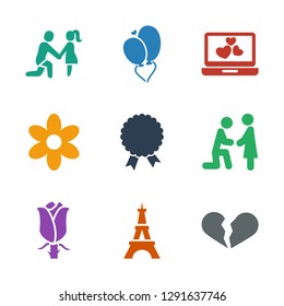9 romantic icons. Trendy romantic icons white background. Included filled icons such as broken heart, Eiffel Tower, rose, marriage proposal. romantic icon for web and mobile.