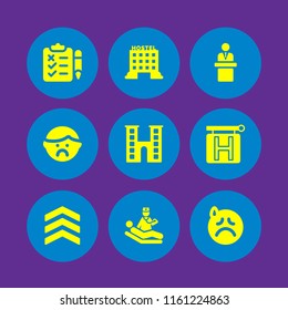 9 room icons in vector set. speech, hotel, chevron and sad illustration for web and graphic design