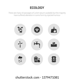 9 round vector icons such as toxic waste, waste, water cycle, water energy, water tap contains wind turbine, biogas, biohazard, bonsai. toxic waste, icon3_, gray ecology icons
