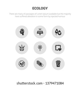 9 round vector icons such as recycle bin, recycled paper, renewable, reuse, save energy contains save the world, save water, solar panels, think eco. recycle bin, recycled paper, icon3_, gray