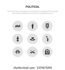 9 round vector icons such as vote badge for political elections, war, weapons, women rights, charity contains human rights, news, peace, people. vote badge for political elections, war, icon3_, gray