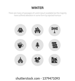 9 round vector icons such as avalanche, stall, chapel, logs, fir contains hot tea, electric heater, chalet, fur coat. avalanche, stall, icon3_, gray winter icons