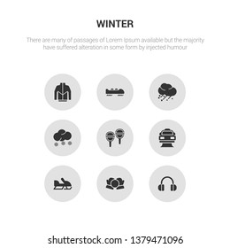 9 round vector icons such as earmuffs, snow ball, snowmobile, snowplow, snowshoes contains snowy, hail, bobsled, winter clothes. earmuffs, snow ball, icon3_, gray winter icons