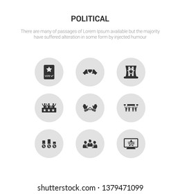 9 round vector icons such as political publicity on monitor screen, politicians, poll, protest, slavery contains supporter, uncle sam hat, unity, vote. political publicity on monitor screen,