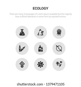 9 round vector icons such as nature, nuclear energy, nuclear power, ozone layer, plastic contains plastic bottle, pollution, recyclable, recycle bag. nature, nuclear energy, icon3_, gray ecology