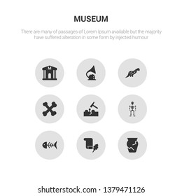 9 round vector icons such as ancient jar, papyrus, fishbone, skeleton, geological contains bone, dinosaur, gramophone, museum. ancient jar, papyrus, icon3_, gray museum icons