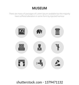 9 round vector icons such as acrylic, airbrush, curtain, excursion, security guard contains archivist, ancient, mammoth, artwork. acrylic, airbrush, icon3_, gray museum icons