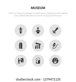 9 round vector icons such as no phone, paint, painting, quill, relics contains sarcophagus, sword, tour, vase. no phone, paint, icon3_, gray museum icons