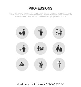 9 round vector icons such as waiter, welder, wrestling, writer, software developer contains physician assistant, orthodontist, statistician, pediatrician. waiter, welder, icon3_, gray professions