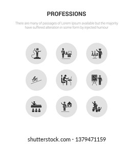 9 round vector icons such as politician, postman, president, professor, programmer contains racer, scientist, secretary, showman. politician, postman, icon3_, gray professions icons