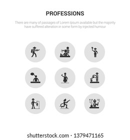 9 round vector icons such as engineer, firefighter, fisherman, florist, graduated contains graphic de, guide, hairdresser, hunter. engineer, firefighter, icon3_, gray professions icons