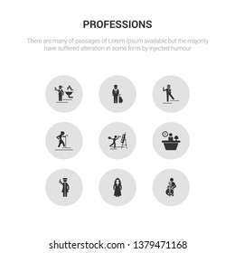 9 round vector icons such as musician, nun, nurse, office worker, painter contains pensioner, photographer, pilot, plumber. musician, nun, icon3_, gray professions icons