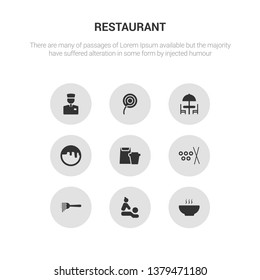 9 round vector icons such as soup, spa, spaghetti, sushi, take away contains takoyaki, terrace, toilet paper, valet. soup, spa, icon3_, gray restaurant icons