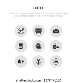 9 round vector icons such as left-luggage, lobster, lounge, luggage, meat contains minibar, napkins, nightstand, no pets. left-luggage, lobster, icon3_, gray hotel icons