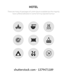 9 round vector icons such as no smoking, olives, onigiri, open, pillow contains pizza, pool, ramen, reception. no smoking, olives, icon3_, gray hotel icons